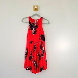 Free People Flutterby Dress 0 Red Floral Halter Fit And Flare Pockets Raw Hem
